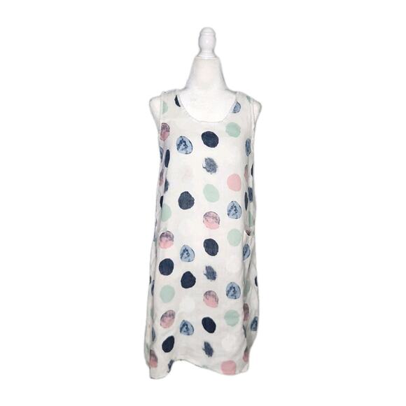 Italian Linen Polka Dot Lagenlook Shift Sleeveless Dress Button Back Size Small - Picture 1 of 6